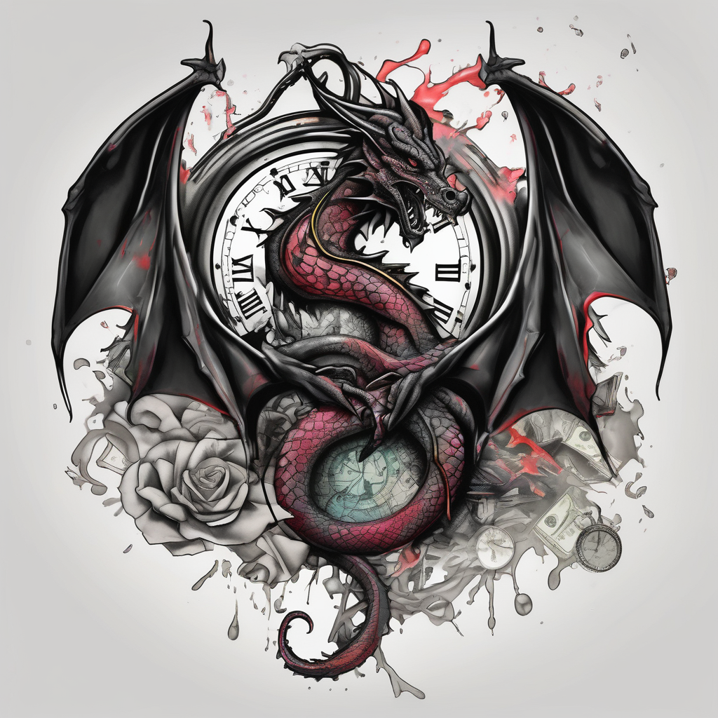 Dark dragon tattoo with clock and dollars on background drake tattoos, diseño de tatuaje Acuarela generado con IA